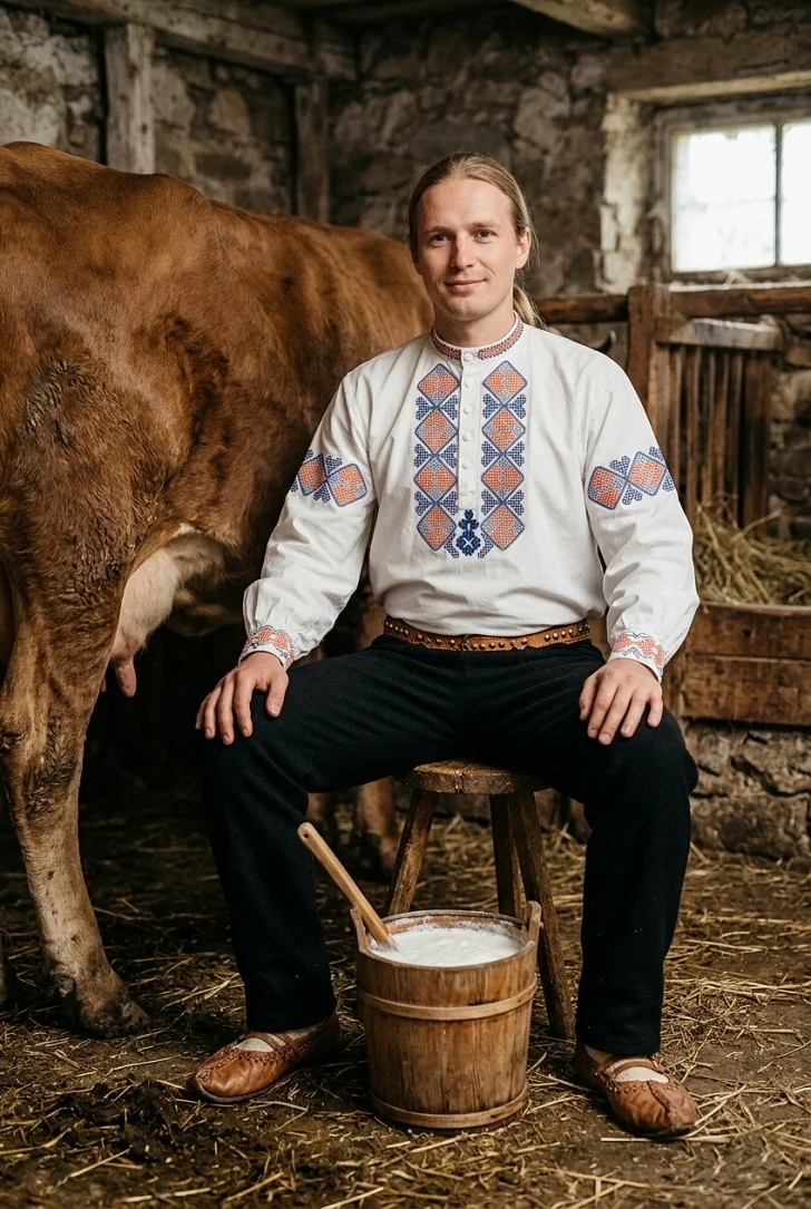 Sedliak  v slovenskom kroji dokončil dojenie svojej kravy
